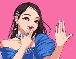 Rule 34 | 1girl, animification, black eyes, black hair, blue dress, blue nails, collarbone, dress, earrings, guriming, hair behind ear, heart, highres, ive (group), jewelry, k-pop, korean commentary, long hair, looking ahead, mole, mole under eye, multiple rings, nail polish, necklace, off shoulder, pink background, procreate (medium), real life, ring, smile, solo, wonyoung (ive)