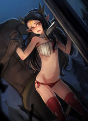 Rule 34 | 1boy, 1girl, abs, absurdres, black hair, bryanth, dagger, head out of frame, highres, horns, imminent rape, knife, long hair, manly, navel, open mouth, orange eyes, panties, pixiv fantasia, pixiv fantasia fallen kings, pointy ears, side-tie panties, thighhighs, torn clothes, underwear, weapon