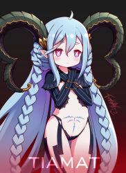 Rule 34 | 1girl, black background, black capelet, blue hair, blush, braid, capelet, character name, curled horns, eyebrows hidden by hair, fate/grand order, fate (series), gluteal fold, gradient background, gradient hair, hair between eyes, hands up, highres, horns, langbazi, long hair, multicolored hair, navel, pubic tattoo, purple eyes, purple hair, red background, revealing clothes, short eyebrows, signature, solo, stomach tattoo, symbol-shaped pupils, tattoo, thick eyebrows, thigh gap, tiamat (fate), twin braids, very long hair