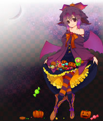 Rule 34 | 1girl, alternate color, animal ears, bare shoulders, boots, candy, checkered background, cookie, crescent moon, crossed legs, female focus, food, halloween, hat, jack-o&#039;-lantern, konko, moon, mystia lorelei, pumpkin, short hair, solo, standing, striped clothes, striped thighhighs, thighhighs, touhou, wings