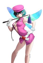Rule 34 | 1girl, armpits, artist name, atlus, blue eyes, blue hair, breasts, cleavage, facepaint, fairy wings, gloves, hand on own hip, hat, hat over one eye, highres, igusaharu, large breasts, legs, licking, miniskirt, no panties, open clothes, open shirt, persona, persona 2, pointy ears, short hair, skirt, sleeveless, stethoscope, syringe, thighs, tongue, trish (persona), wand, wavy hair, wings