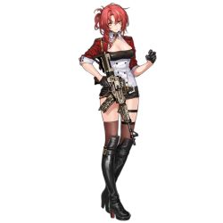 Rule 34 | 1girl, aiguillette, assault rifle, asymmetrical hair, belt, benghuai xueyuan, black footwear, black gloves, black shorts, blazer, boots, breasts, brown thighhighs, cleavage, closed mouth, cropped jacket, crossover, full body, girls&#039; frontline, gloves, gun, half gloves, high heel boots, high heels, holding, holding gun, holding weapon, honkai (series), infukun, jacket, knee boots, looking at viewer, medium breasts, mole, mole on breast, murata himeko (benghuai xueyuan), official art, open clothes, open jacket, red hair, rifle, shadow, short shorts, shorts, sleeves rolled up, solo, thigh strap, thighhighs, transparent background, weapon, yellow eyes