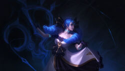 Rule 34 | 1girl, absurdres, ahoge, artist name, bare shoulders, black bow, black dress, black gloves, blue hair, bow, breasts, collarbone, dress, drill hair, gloves, gwen (league of legends), hair bow, highres, holding, holding scissors, large breasts, league of legends, long hair, looking to the side, multicolored background, needle, oversized object, profile, red lips, scissors, sea sand, sewing needle, solo, teeth, twin drills, twintails, white dress