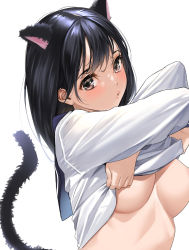 Rule 34 | 1girl, animal ears, black hair, black tail, blue sailor collar, blush, breasts, brown eyes, cat ears, cat tail, clothes lift, commentary, large breasts, lifting own clothes, lips, medium hair, no bra, original, puckered lips, sailor collar, school uniform, serafuku, shirt, shirt lift, simple background, solo, tail, toro tarou, upper body, white background, white shirt