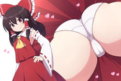 Rule 34 | 1girl, ascot, ass, bow, brown eyes, brown hair, cameltoe, cleft of venus, closed mouth, collared shirt, detached sleeves, frilled bow, frilled hair tubes, frilled shirt collar, frills, from below, hair between eyes, hair bow, hair tubes, hakurei reimu, hand on own hip, heart, looking at viewer, medium hair, mtu virus, multiple views, paid reward available, panties, pantyshot, red bow, red shirt, red skirt, ribbon-trimmed sleeves, ribbon trim, rizento, shirt, sidelocks, simple background, skirt, skirt set, sleeveless, sleeveless shirt, smile, solo, standing, touhou, underwear, upskirt, white background, white panties, white sleeves, wide sleeves, yellow ascot