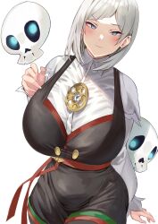 Rule 34 | 1girl, absurdres, akershus fortress (oshiro project), black dress, blue eyes, blush, breasts, buttons, closed mouth, collared shirt, dress, floating skull, grey hair, hand up, highres, huge breasts, long sleeves, looking at viewer, namazu (yamasonson), oshiro project:re, puffy long sleeves, puffy sleeves, red ribbon, ribbon, second-party source, shirt, simple background, skull, sleeveless, sleeveless dress, solo, swept bangs, white background, white shirt