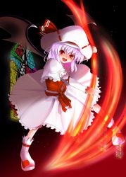 Rule 34 | 1girl, bat wings, bow, doburoku (daiginjou), hat, hat bow, light purple hair, open mouth, red eyes, remilia scarlet, ribbon-trimmed headwear, ribbon trim, sash, solo, spear the gungnir, stained glass, touhou, wings
