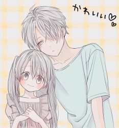 Rule 34 | 1boy, 1girl, blush, brother and sister, couple, dress, expressionless, green eyes, grey eyes, grey hair, highres, long hair, original, own hands together, shirt, short hair, siblings, smile, twintails, upper body, waramugu