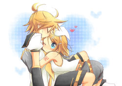 Rule 34 | 1boy, 1girl, aqua eyes, ass, belt, blonde hair, blush, brother and sister, closed eyes, detached sleeves, hair ornament, hair ribbon, hairclip, hand on another&#039;s head, heart, hetero, hug, kagamine len, kagamine rin, kiss, kissing forehead, leaning on person, messy hair, nao (flake), one eye closed, ponytail, ribbon, sailor collar, short hair, shorts, siblings, sitting, twins, vocaloid, wink