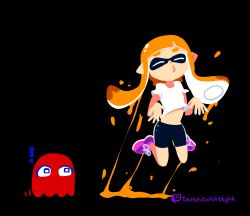 Rule 34 | !, 1girl, absurdres, artist name, bike shorts, blinky, blinky (pac-man), blue eyes, blunt bangs, bright pupils, closed eyes, closed mouth, constricted pupils, crossover, female focus, flat chest, ghost, grey background, hands up, highres, ink, inkling, inkling girl, inkling player character, jumping, long hair, looking at another, looking to the side, midriff, minuspal, motion lines, nintendo, o3o, orange hair, pac-man (game), pointy ears, purple footwear, shirt, shoes, short sleeves, sidelocks, simple background, sneakers, splatoon (series), splatter, stomach, suction cups, surprised, tentacle hair, tentacles, twintails, twitch username, watermark, web address, white pupils, white shirt