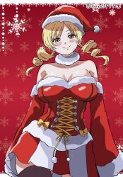 Rule 34 | 1girl, absurdres, bare shoulders, black thighhighs, blonde hair, blush, breasts, christmas, cleavage, closed mouth, commentary, cowboy shot, detached sleeves, dress, drill hair, forest (4423), fur-trimmed dress, fur-trimmed sleeves, fur collar, fur trim, half-closed eyes, hat, highres, large breasts, looking at viewer, mahou shoujo madoka magica, mahou shoujo madoka magica (anime), medium hair, off-shoulder dress, off shoulder, red background, red dress, red sleeves, santa dress, santa hat, short dress, smile, snowflake background, solo, standing, strapless, strapless dress, thighhighs, tomoe mami, twin drills, twitter username, yellow eyes