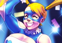 Rule 34 | 1990s (style), 1girl, ^ ^, bad id, bad tumblr id, bare shoulders, blonde hair, breasts, camera flash, capcom, cleavage, cleavage cutout, closed eyes, clothing cutout, earrings, grin, jewelry, large breasts, lips, long hair, mask, rainbow mika, retro artstyle, robaato, shoulder cutout, smile, solo, street fighter, street fighter zero (series), stud earrings, twintails