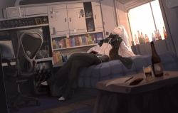 Rule 34 | 1girl, absurdres, ak-alfa (girls&#039; frontline), alcohol, backlighting, bedroom, beer, beer bottle, beer glass, beer mug, black footwear, book, bookshelf, boots, breasts, chair, closed eyes, crossed legs, cup, dutch angle, girls&#039; frontline, head back, high heel boots, high heels, highres, monitor, mug, nose, office chair, on bed, open book, reclining, refrigerator, rui (rei leyi), small breasts, solo, swivel chair, thigh boots, thighhighs