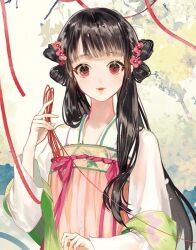 Rule 34 | 1girl, black hair, branch, chinese clothes, chinese commentary, closed mouth, commentary, flower, hair flower, hair ornament, hair over shoulder, hanfu, long hair, long sleeves, looking at viewer, mizura, original, qixiong ruqun, red eyes, red flower, red ribbon, ribbon, say hana, shuangyaji, smile, solo, twintails, upper body, very long hair