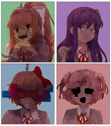 Rule 34 | 4girls, :d, ^ ^, averting eyes, blue background, blush, border, bow, brown hair, brown vest, chiimako, closed eyes, closed mouth, collared shirt, commentary request, doki doki literature club, dress shirt, eyelashes, fang, glitch, green background, green eyes, grey jacket, hair between eyes, hair bow, hair intakes, hair ornament, hair ribbon, hairclip, hand up, hands up, hanged, high ponytail, horror (theme), interlocked fingers, jacket, lapels, long hair, long sleeves, looking at viewer, monika (doki doki literature club), multiple girls, natsuki (doki doki literature club), neck ribbon, open mouth, own hands together, pink background, pink eyes, pink hair, ponytail, purple background, purple eyes, purple hair, raised eyebrows, red bow, red ribbon, ribbon, sayori (doki doki literature club), school uniform, shirt, short hair, sidelocks, sideways glance, simple background, smile, spoilers, striped background, sweater vest, swept bangs, teeth, two side up, upper body, upper teeth only, v-shaped eyebrows, vest, white border, white bow, white shirt, wing collar, x hair ornament, yuri (doki doki literature club)