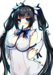 Rule 34 | 10s, 1girl, bare shoulders, black hair, blue eyes, blush, breasts, cleavage, covered navel, dungeon ni deai wo motomeru no wa machigatteiru darou ka, female focus, gloves, hair ribbon, hestia (danmachi), juke, large breasts, long hair, looking at viewer, mouth hold, rei no himo, ribbon, simple background, solo, twintails, twitter username, white background, white gloves