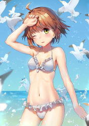 Rule 34 | 1girl, ;d, arm at side, armpits, bare arms, bare shoulders, bikini, bird, blue sky, blush, bow, breasts, brown hair, collarbone, contrapposto, cowboy shot, day, frilled bikini, frills, front-tie bikini top, front-tie top, gluteal fold, green eyes, himonoata, horizon, looking at viewer, navel, ocean, one eye closed, open mouth, original, seagull, short hair, sky, small breasts, smile, solo, splashing, standing, swimsuit, thighhighs, water, white bow