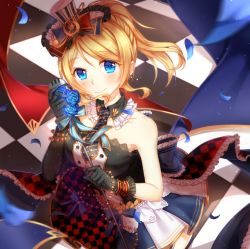 Rule 34 | 10s, 1girl, ayase eli, black gloves, blonde hair, blue eyes, blush, cafe maid (love live!), checkered floor, elbow gloves, flower, gloves, hat, jewelry, kan (rainconan), kan ei, long hair, looking at viewer, love live!, love live! school idol festival, love live! school idol project, microphone, microphone stand, skirt, smile, solo