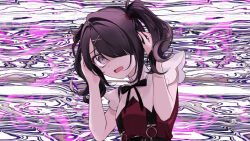 1girl ame-chan_(needy_girl_overdose) ame-chan_waku-waku_date_game black_hair black_ribbon collared_shirt constricted_pupils distortion game_cg grey_eyes hair_ornament hair_over_one_eye hands_up holding_detached_head long_hair looking_at_viewer maruino neck_ribbon needy_girl_overdose nervous non-web_source official_art open_mouth red_shirt ribbon shaded_face shirt solo suspenders sweatdrop twintails upper_body wide-eyed x_hair_ornament