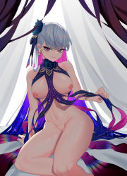 Rule 34 | 1girl, absurdres, bare shoulders, blue hair, blush, body markings, breasts, curtains, doufu (pixiv9093484), earrings, fate/grand order, fate (series), flower, hair flower, hair ornament, hair ribbon, highres, jewelry, kama (fate), kama (swimsuit avenger) (fate), kama (swimsuit avenger) (third ascension) (fate), large breasts, long hair, looking at viewer, lotus, multicolored hair, nail polish, navel, nipples, red eyes, revealing clothes, ribbon, silver hair, sitting, smile, solo, star (symbol), star earrings, thighs, two-tone hair