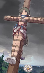 Rule 34 | 1girl, absurdres, ainu clothes, animal ears, artist name, bare legs, barefoot, bdsm, bondage, bound, bound toes, chest sarashi, clothes lift, cloud, cloudy sky, covered erect nipples, crotch rope, crucifixion, eruruu, flower, forest, green hair, highres, light smile, long hair, looking at viewer, nature, nero augustus, panties, sarashi, see-through, shibari, sidelocks, sky, soles, tabi, tail, underwear, utawarerumono, yellow eyes