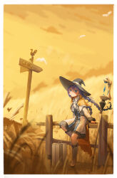 Rule 34 | 1girl, absurdres, against railing, bird, black dress, black socks, blue eyes, blue hair, boots, braid, brown capelet, capelet, closed mouth, crystal, dress, fence, flat chest, full body, hair between eyes, hat, highres, jacket, looking at viewer, mage staff, mushoku tensei, railing, road sign, roxy migurdia, sign, socks, solo, stalin (artist), suitcase, sunset, twin braids, wheat field, white capelet, white footwear, white jacket, wind, witch hat, wooden fence