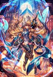 Rule 34 | 1girl, black gloves, blonde hair, boots, breasts, castle, cleavage, closed mouth, floating, floating hair, full moon, gauntlets, gloves, highres, holding, holding sword, holding weapon, long hair, looking at viewer, medium breasts, armored boots, moon, original, red eyes, sa-dui, signature, solo, sword, thigh boots, thighhighs, weapon