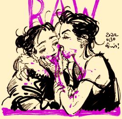 Rule 34 | 2girls, alexia (raw), blood, closed eyes, commentary request, dated, earrings, hair bun, hug, jewelry, justine (raw), kotteri, looking at another, multiple girls, partially colored, purple blood, raw (film), shirt, short hair, smile