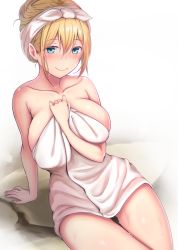 Rule 34 | 1girl, arm between breasts, arm support, between breasts, blend s, blonde hair, blue eyes, blush, breasts, closed mouth, collarbone, hair between eyes, hair up, highres, hinata kaho, large breasts, lun7732, naked towel, nose blush, sitting, smile, solo, towel, wet, white background