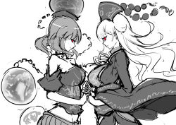 Rule 34 | 2girls, bare shoulders, breasts, chain, chinese clothes, choker, earth (ornament), facing another, from side, greyscale, hat, hecatia lapislazuli, holding hands, huge breasts, interlocked fingers, junko (touhou), large breasts, long hair, midriff, miniskirt, monochrome, moon (ornament), multiple girls, off-shoulder shirt, off shoulder, pleated skirt, raptor7, red eyes, robe, shirt, simple background, sketch, skirt, spot color, t-shirt, touhou, very long hair, white background