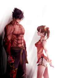 Rule 34 | 1boy, 1girl, arm guards, arms behind back, bad id, bad pixiv id, belt, chinese clothes, fingerless gloves, gloves, height difference, inuhiko (istdog), kazama jin, ling xiaoyu, muscular, orange shirt, petite, pointy hair, profile, shirt, topless male, short twintails, standing, tekken, twintails