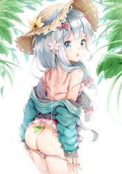 Rule 34 | 1girl, ass, bare shoulders, between buttocks, bikini, blue eyes, blush, bow, butt crack, commentary request, eromanga sensei, flower, from behind, green jacket, hair bow, hair flower, hair ornament, hair over shoulder, hat, highres, izumi sagiri, jacket, leaf, long hair, long sleeves, looking at viewer, mole, mole on shoulder, open bikini, open clothes, open mouth, pedo0201, pink bow, ribbon, silver hair, solo, straw hat, sun hat, swimsuit, white flower
