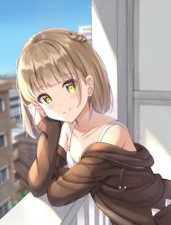 Rule 34 | 1girl, bare shoulders, blurry, blurry background, blush, braid, breasts, brown hair, brown jacket, camisole, cleavage, closed mouth, collarbone, commentary request, day, depth of field, hood, hood down, hooded jacket, jacket, keiran (ryo170), long sleeves, looking at viewer, off shoulder, original, outdoors, railing, sleeves past wrists, small breasts, smile, solo, upper body, white camisole, yellow eyes