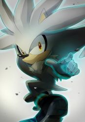 Rule 34 | 1boy, absurdres, animal nose, aura, body fur, boots, closed mouth, furry, furry male, gloves, highres, jaibus, male focus, pointing, silver the hedgehog, solo, sonic (series), yellow eyes