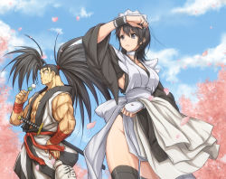 Rule 34 | 1boy, 1girl, black eyes, black hair, black thighhighs, blue sky, breasts, cherry blossoms, choker, collarbone, cowboy shot, dango, day, eating, food, gourd, haoumaru, iroha (samurai spirits), itouei, japanese clothes, katana, long sleeves, looking at another, looking away, maid, maid headdress, medium breasts, muscular, no panties, parted lips, petals, ponytail, samurai spirits, sheath, sheathed, sideboob, sky, smile, snk, sword, thighhighs, wagashi, weapon, wide sleeves