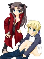 Rule 34 | 2girls, archer (fate), archer (fate) (cosplay), artoria pendragon (fate), blonde hair, cosplay, crossdressing, denim, emiya shirou, emiya shirou (cosplay), fate/stay night, fate (series), jeans, jpeg artifacts, multiple girls, no bra, panties, pants, raglan sleeves, saber (fate), tohsaka rin, two side up, underwear, undressing