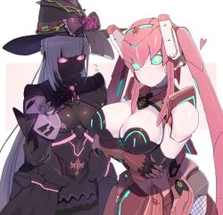 2girls black_skin blue_eyes breasts colored_skin hat humanoid_robot large_breasts long_hair metal_skin multiple_girls no_mouth phantasy_star phantasy_star_online_2 phantasy_star_online_2_new_genesis pink_eyes pink_skin protagonist_(pso2) robot robot_girl sankaku_t2 very_long_hair witch_hat