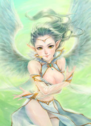 Rule 34 | 10s, 1girl, absurdres, angel wings, bare shoulders, breasts, bridal gauntlets, chain chronicle, circlet, cleavage, cleavage cutout, clothing cutout, earrings, fairy, feathered wings, green hair, highres, jewelry, large breasts, leaning forward, light smile, lips, long hair, looking at viewer, original, peiyu zhou, pelvic curtain, pointy ears, sleeveless, solo, wings, yellow eyes
