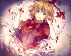 Rule 34 | 1girl, blonde hair, bow, capelet, crying, crying with eyes open, dress, fleta (pocket mirror), green eyes, highres, kirame kirai, looking at viewer, official art, open mouth, petals, pocket mirror, red bow, short hair, short sleeves, solo, tears