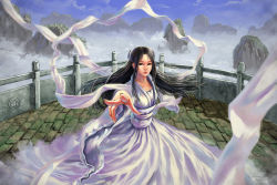 Rule 34 | 1girl, black eyes, black hair, cloud, collarbone, condor trilogy, day, dress, foreshortening, lips, mountain, return of the condor heroes, sash, sky, solo, whisperingsoul, xiao long nu