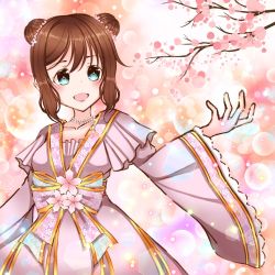 Rule 34 | 1girl, alternate hairstyle, aqua eyes, artist name, artist request, blue eyes, blush, bow, branch, breasts, brown hair, cherry blossom fairy (love live!), collarbone, double bun, dress, female focus, floral print, flower, flower print, green bow, hair between eyes, hair bun, hair flower, hair ornament, highres, japanese clothes, jewelry, kimono, kimono skirt, long hair, long sleeves, looking at viewer, love live!, love live! nijigasaki high school idol club, love live! school idol festival, love live! school idol festival all stars, miniskirt, necklace, osaka shizuku, outdoors, parted lips, pearl necklace, pink bow, pink flower, plaid, plaid dress, plaid skirt, pleated, pleated dress, pleated skirt, skirt, smile, solo, tree, white dress, white kimono, white skirt, wide sleeves