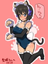 Rule 34 | 1girl, @ @, animal ears, black thighhighs, blue eyes, blue ribbon, blue one-piece swimsuit, blush, breasts, brown hair, cat ears, cat tail, cleavage, collarbone, commentary request, covered navel, dated, detached sleeves, frilled sleeves, frilled thighhighs, frills, fukurou (owl222), hair ribbon, highres, large breasts, major, nyan, one-piece swimsuit, open mouth, paw pose, pink background, ribbon, school swimsuit, short hair, solo, speech bubble, standing, standing on one leg, sweatdrop, swimsuit, tail, thighhighs, timestamp