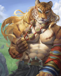Rule 34 | 1boy, abs, animal ears, artist request, bad id, bad pixiv id, bara, bead necklace, beads, beige fur, black sclera, check artist, colored sclera, feet out of frame, furry, furry male, green eyes, highres, jewelry, long hair, male focus, muscular, muscular male, necklace, no nipples, orange fur, pang (sdorica), polarcorazon, sdorica, solo, stomach, thick eyebrows, tiger boy, tiger ears, topless male, two-tone fur