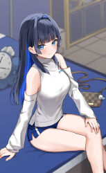 Rule 34 | 1girl, bag, bare legs, bare shoulders, black hair, blue eyes, blue hair, blue shorts, breasts, closed mouth, crossed legs, detached sleeves, ear piercing, hair intakes, hand on own knee, handbag, highres, hololive, hololive english, kaetzchen, long hair, long sleeves, looking at viewer, medium breasts, micro shorts, multicolored hair, official alternate costume, ouro kronii, piercing, shirt, short shorts, shorts, side slit, sitting, smile, solo, streaked hair, thighs, turtleneck, two-tone hair, virtual youtuber, white shirt
