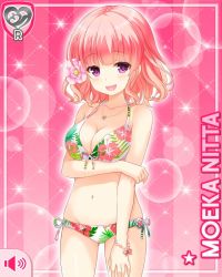 1girl bikini bracelet breasts card character_name flower girlfriend_(kari) hair_flower hair_ornament holding_own_arm jewelry large_breasts looking_at_viewer necklace nitta_moeka official_art open_mouth pink_hair purple_eyes qp:flapper short_hair smile solo swimsuit tagme