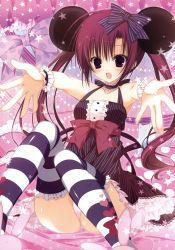 Rule 34 | 1girl, :d, absurdres, animal ears, blush, bow, buttons, choker, collarbone, dress, fang, frilled thighhighs, frills, hair bow, halterneck, highres, inugami kira, knees together feet apart, long hair, looking at viewer, mouse ears, open mouth, outstretched arms, panties, pantyshot, petticoat, pink panties, purple eyes, purple hair, red dress, sitting, sleeveless, sleeveless dress, smile, spread fingers, striped clothes, striped thighhighs, tareme, thighhighs, underwear, very long hair