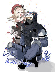 Rule 34 | 1boy, 1girl, :d, ^ ^, absurdres, bare shoulders, beret, black dress, blonde hair, blue eyes, blue flower, blue jacket, blue pants, blush, character name, closed eyes, commentary request, confetti, dated, doc (rainbow six siege), dress, english text, flower, flower wreath, frilled dress, frills, girls&#039; frontline, grey pantyhose, happy birthday, hat, head wreath, highres, jacket, knee up, long hair, mp5 (girls&#039; frontline), open mouth, pants, pantyhose, pink flower, purple flower, rainbow six siege, red footwear, red headwear, sanso (kasyawamoti), shadow, shirt, shoes, simple background, sitting, sleeveless, sleeveless shirt, smile, standing, standing on one leg, strapless, strapless dress, white background, white shirt, wrist cuffs