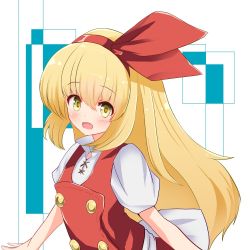 Rule 34 | 1girl, back bow, bad id, bad twitter id, blonde hair, blush, bow, buttons, collared shirt, cross-laced clothes, ellen (touhou), hair bow, happy, long hair, open mouth, puffy short sleeves, puffy sleeves, red bow, red skirt, red vest, shirt, short sleeves, skirt, teruteru12, touhou, touhou (pc-98), upper body, vest, white bow, white shirt, yellow eyes