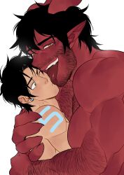 Rule 34 | 2boys, absurdres, arm hair, arm tattoo, bara, beard, black hair, chest hair, demon, dominique (the devil and s-13), ear piercing, facial hair, highres, hug, licking, licking another&#039;s face, licking another&#039;s lips, looking at another, looking at viewer, male focus, multiple boys, muscular, muscular male, mustache, one eye closed, piercing, pointy ears, short hair, sideburns, simple background, size difference, steen (the devil and s-13), suyohara, tattoo, the devil and s-13, topless male, upper body, white background, yaoi, yellow eyes