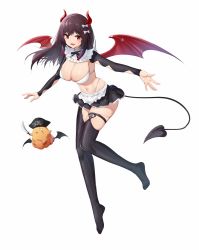 Rule 34 | 1girl, :d, apron, azur lane, bikini, black ribbon, black skirt, black thighhighs, bow, breasts, brown hair, cleavage, creature, demon girl, demon horns, demon tail, demon wings, hair bow, hat, highres, holding, holding sword, holding weapon, horns, kafeifeifeifeifeifei jiemo jun, large breasts, long hair, long sleeves, looking at viewer, manjuu (azur lane), miniskirt, navel, neck ribbon, no shoes, open mouth, outstretched arms, pirate hat, pumpkin, red eyes, red wings, ribbon, royal fortune (azur lane), royal fortune (treats from the deep) (azur lane), saber (weapon), scar, scar across eye, scar on face, simple background, skindentation, skirt, smile, solo, swimsuit, sword, tail, thigh strap, thighhighs, waist apron, weapon, white apron, white background, white bikini, white bow, wings